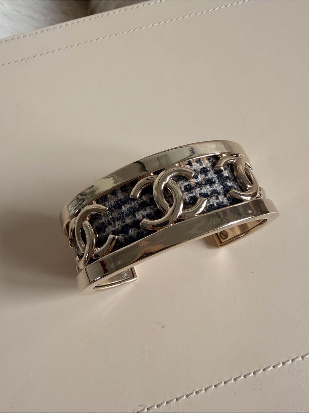 CHANEL Silver Tweed CC Link Cuff Bracelet - Black & White